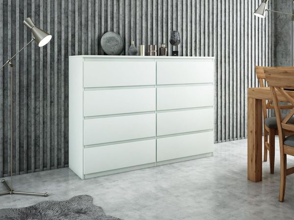 meble masztalerz Kommode Weiss mit 8 Schubladen 120 cm, Sideboard Wohnzimmer, Kommode Schlafzimmer H: 101,5 cm, B: 120 cm, T: 39 cm,Kommode mit Schubladen, Schubladenschrank
