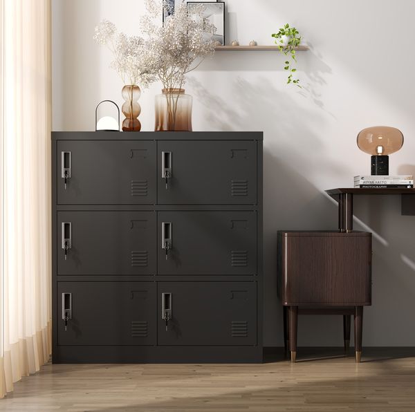 Metallschrank 90 x 40 x 100 cm, 6 Türen, aus Stahl, abschließbar, schwarz
