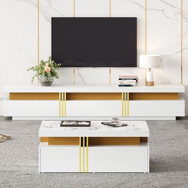 TV-Schrank & Couchtisch Set, weiß mit Marmoroptik, 200 x 40 x 42 cm & 100 x 50 x 40 cm