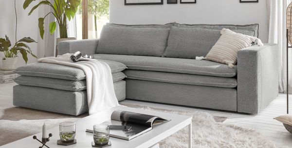 Sofa 3-Sitzer Pesaro in grau Cord Schlafsofa Set inkl. Hocker