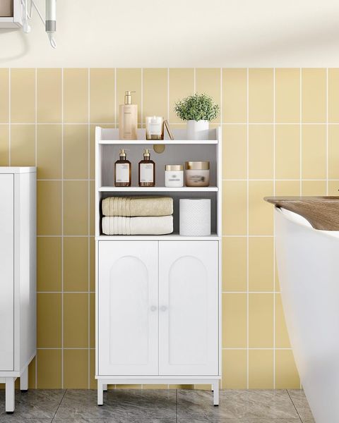 Badezimmerschrank, Badschrank, Küchenschrank mit 2 offenen Fächern, 2 Türen, 2 verstellbaren Einlegeböden, Freistehender Badezimmer, 20 × 37 × 84 cm, Weiß