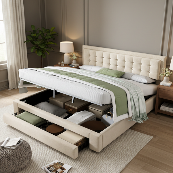 Polsterbett 180x200cm, Samt, Lattenrost, Stauraum, Beige