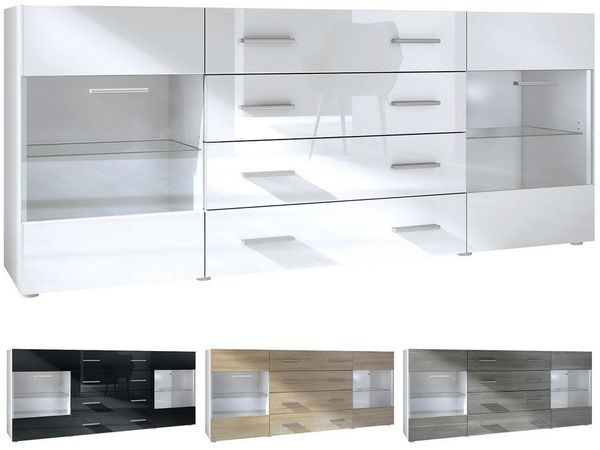 Sideboard Kommode Bari V2, Korpus in Weiß matt / Front in Creme Hochglanz (166 x 72 x 35) Bild 2