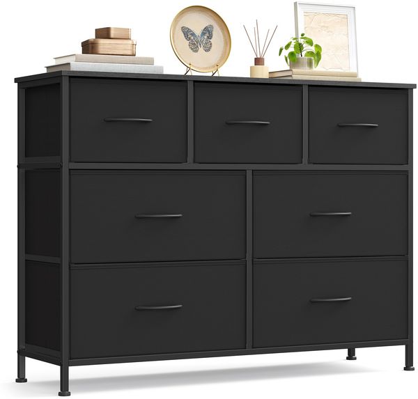 SONGMICS Kommode, Schrank, 7 Stoffschubladen, Aufbewahrungsschrank, Stahl, MDF, Vliesstoff, für Schlafzimmer, Flur, Wohnzimmer, tintenschwarz-ebenholzschwarz LGS323BH03