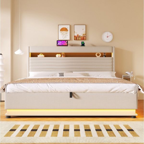 BlingBin Polsterbett Stauraumbett mit LED-Beleuchtung & USB/Typ-C Ladefunktion (Funktionsbett, Bett, Jugendbett, 1-tlg, Doppelbett 180x200 cm), hydraulischem Stauraum und Flip-Top-Aufbewahrung,Drucktaste/Appdienung