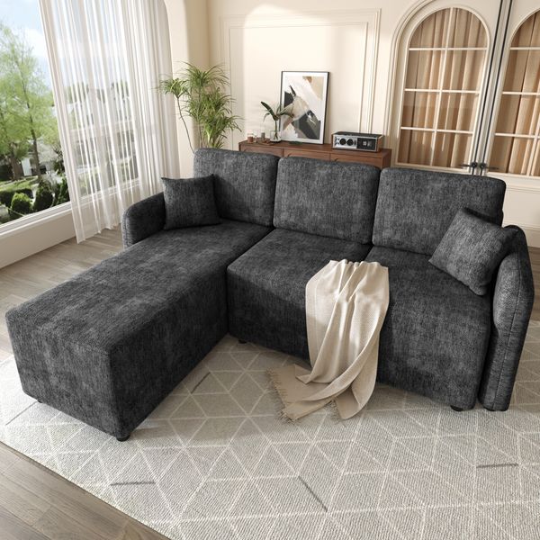 Flieks 3-Sitzer L-Form Ecksofa, Sofa mit langer Liegefläche, 2 Kissen für Wohnung & Wohnzimmer, 187.5 x 144 x 85.5 cm, Chenille, Schwarz