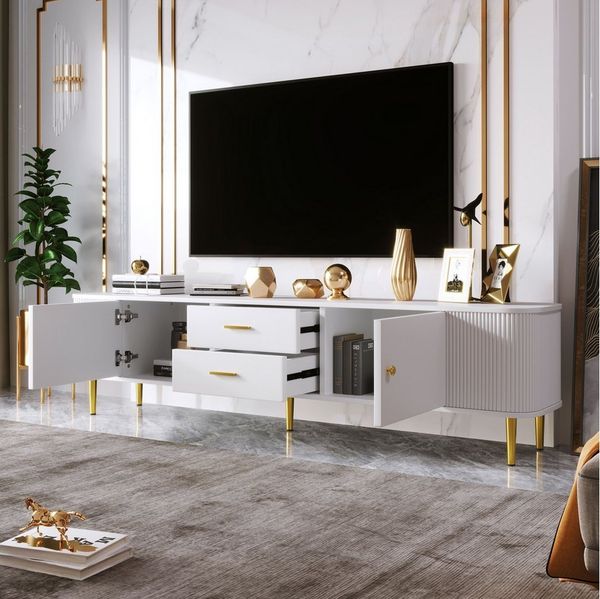 BlingBin TV-Schrank Moderner TV-Board, Fernsehtisch, Lowboard, TV-Kommode, TV-Möbel (Fernsehschrank mit 2 Schubladen und 2 Türen, Geschwungenen Ecken, 1-St, 170*34*45cm, Produktladung: 40kg, MDF) Wohnzimmer-TV-Tisch mit Gewellten Seiten, Goldenen Griff...