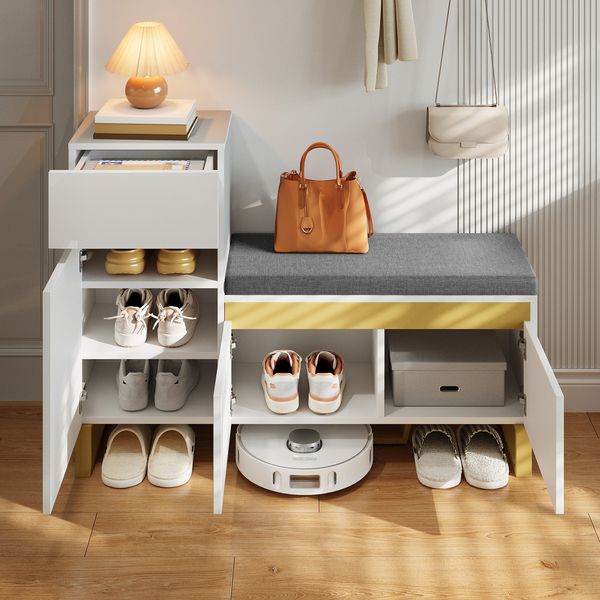 Schuhschrank 120x35x85 cm, weiß teilhochglänzend, mit Sitzbank, Schublade und Türen