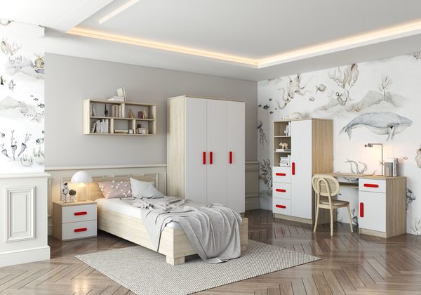 Jugendzimmer Elora 6 teilig in Eiche und Weiß – mit Schreibtisch, Regalschrank, Wandregal, Jugendbett, Nachttisch und Schrank – in 8 verschiedenen Grifffarben wählbar - 6 teilig , Rot