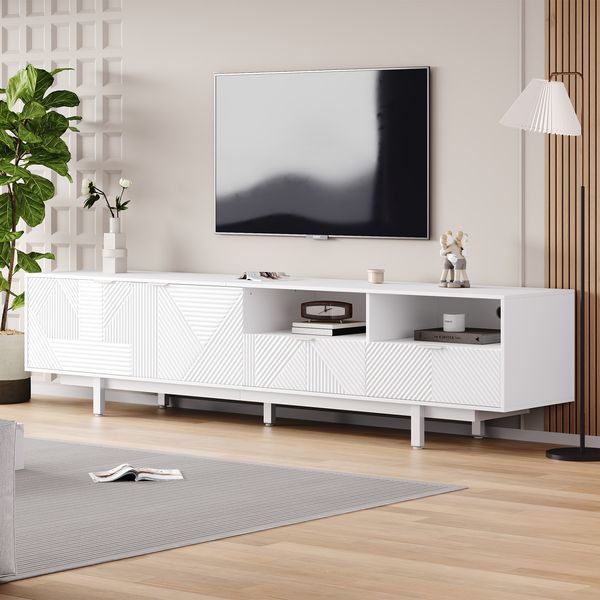 TV-Schrank 200 cm weiß, mit geometrischem Linienmuster, geeignet für 90 Zoll Fernseher mit Türen und offenen Regalen
