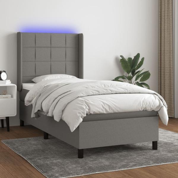 vidaXL Boxspringbett mit Matratze & LED Dunkelgrau 90x200 cm Stoff 3138286