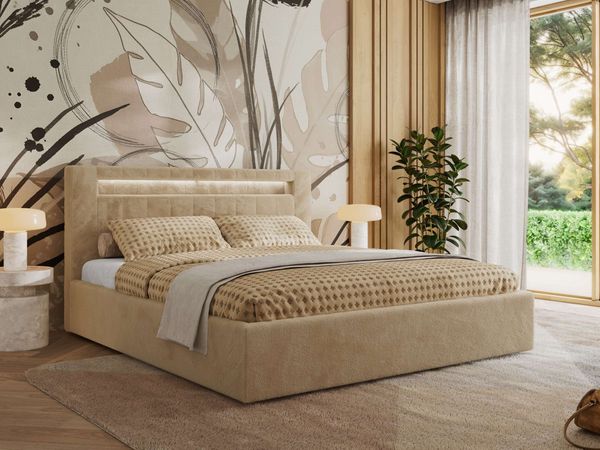 Polsterbett GOLD 5 CLASSIC 160 x 200 cm mit LED-Beleuchtung & Bettkasten, Doppelbett inkl. Lattenrost, Metall-Lift-System & Stauraum, Multipocket Matratze - Beige Plüsch - ELORI LUX