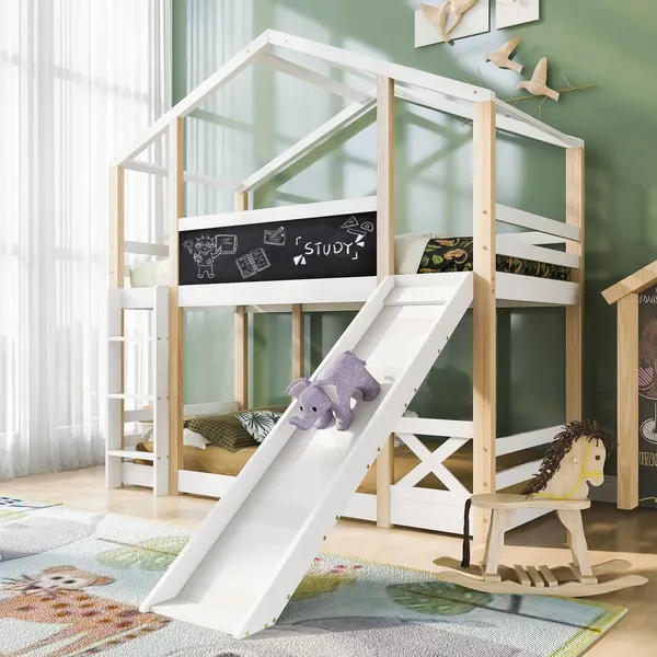 Etagenbett, Kinderbett mit Rausfallschutz, 2 Schlafgelegenheiten, Lattenrost, Leiter und Rutsche, 90x200 cm, Hausbett, Kiefer