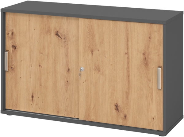 bümö Schiebetürenschrank 2OH - Aktenschrank abschließbar, Sideboard Schrank mit Schiebetüren in Graphit/Asteiche, Streifengriff - Büroschrank aus Holz mit Schiebetür, Büro Kommode für Ordner & Co, 1752S-G-R-SG