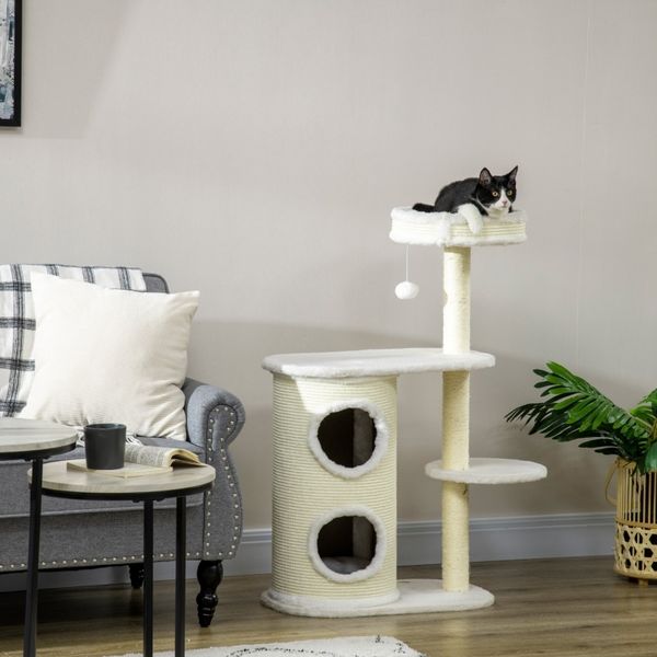 Katzenkratzbaum Groß Mit Bett & Spielzeug - Katzenspielturm Kletterbaum Mit Sisalpfosten Und Doppelhaus,Cremeweiß