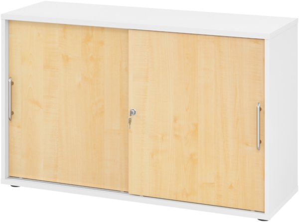 bümö Schiebetürenschrank 2OH - Aktenschrank abschließbar, Sideboard Schrank mit Schiebetüren in Weiß/Ahorn, Relinggriff - Büroschrank aus Holz mit Schiebetür, Büro Kommode für Ordner & Co, 1752S-W-3-RE