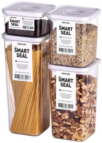 NEOFLAM® Vorratsdose Smart Seal Vorratsbehälter Set 4tlg. - Gr. S, M, L, XL - Weiß, Kunststoff (AS & PP), Silikon, (4-tlg)