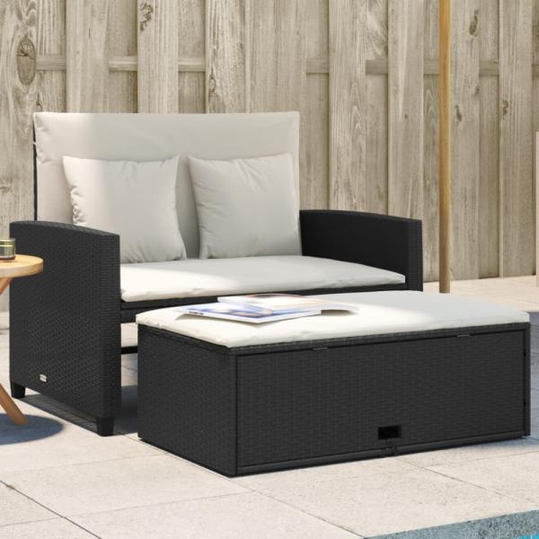 vidaXL Gartensofa mit Kissen 2-Sitzer Schwarz Poly Rattan 365131