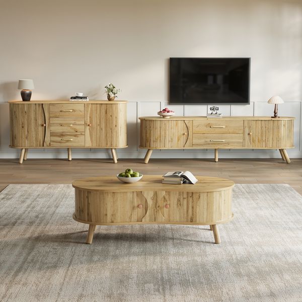 Wohnzimmerset 3-teilig, Couchtisch, Sideboard, TV-Schrank, Erbsenform, Schiebetüren, Holzoptik, Holzfüße