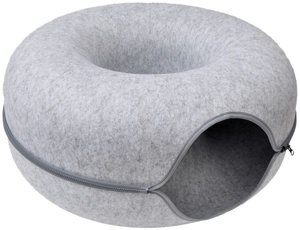 Aumüller Katzentunnel Donut Katzenhöhle Filz mit Reißverschluss, 60 x 60 x 30 cm, Hellgrau