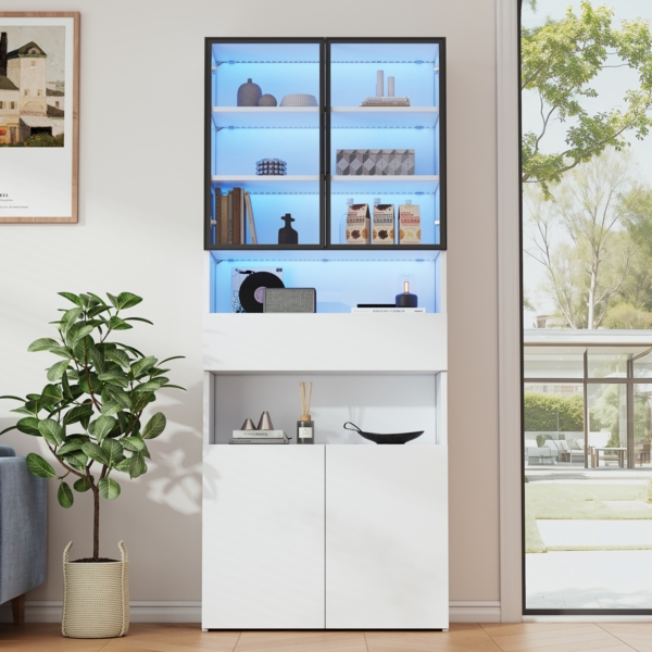 Merax 200cm Vitrine, Vitrinenschränke Mit Schubladen und Schränken, Glasvitrine mit Glastüren und LED, Hochschrank mit Offene Speicherplattform, Bücherschrank, Standvitrine, Weiß