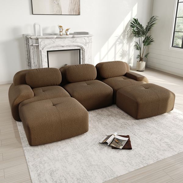 Flieks Modulares Cord Sofa 3-Sitzer mit 2x Hocker, Cloud Sofa rahmenlos, bodennah mit tiefer Sitzfläche, auch als Schlafsofa nutzbar, Braun