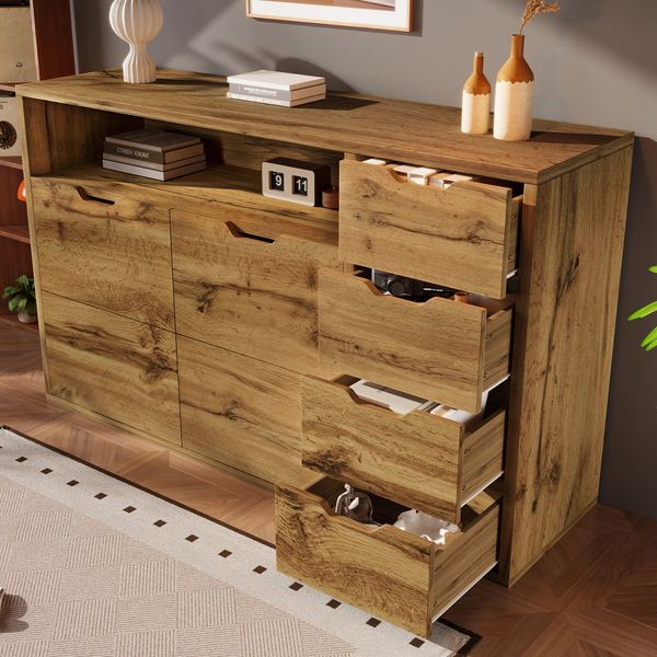 Merax 150cm Kommode, Sideboard in Eicheoptik mit offenem Fach, 2 Türen, 4 Schubladen, höhenverstellbaren Einlegeböden, Softclose‑Metallscharniere und Kippsicherung, Aufbewahrung
