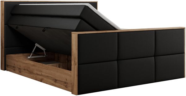 Doppelbett, Boxspringbett mit zwei Multipocket-Matratzen und ein Topper, Bettkästen, Eiche Wotan Holzrahmen, genähtes Kopfteil und Front - ALBERO 2 KING DUO - 120 x 200 cm - Schwarz Kunstleder - H3 Bild 5
