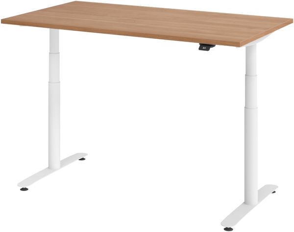 bümö elektrisch höhenverstellbarer Schreibtisch 140x80 cm in Nussbaum, Gestell in weiß, Stehtisch mit 4-fach Speicher, Bluetooth & App-Steuerung, verstellbarer Sitz-Stehschreibtisch, XDLR-14-N-W