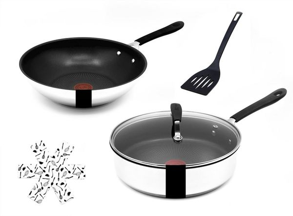 Tefal Pfannen-Set Jamie Oliver E76 Schmorpfanne mit Deckel 25cm + Wok pfanne 28cm Set8, Edelstahl 18/10 (Pfanne, Bratpfannen Set, Pfannenset, Wok, Wokpfanne, Schmorpfanne, Pfannen Inkl. 1 Wender & Filzschoner), Antihaftbeschichtet