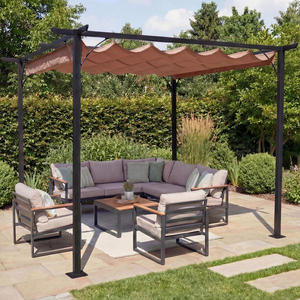 Pergola HWC-C42 mit Schiebedach, Stahl / Stoff, Taupe-Braun, 3,5x3,5 m