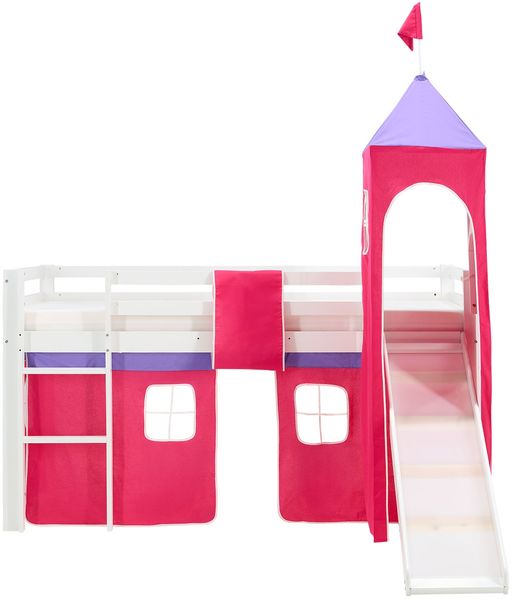 Hochbett mit Matratze 90x200 cm Turm Rutsche Stockbett Kinderbett Leiter Holz Kiefer Vorhang pink Lattenrost Bild 7