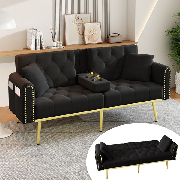 Schlafsofa 175x80x73,5 cm mit verstellbarer Rückenlehne – elegantes multifunktionales Sofa aus Samt in Schwarz