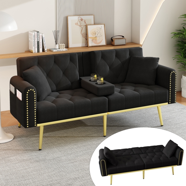 Schlafsofa 175 x 80 x 73,5 cm mit verstellbarer Rückenlehne – elegantes multifunktionales Sofa aus Samt in Schwarz