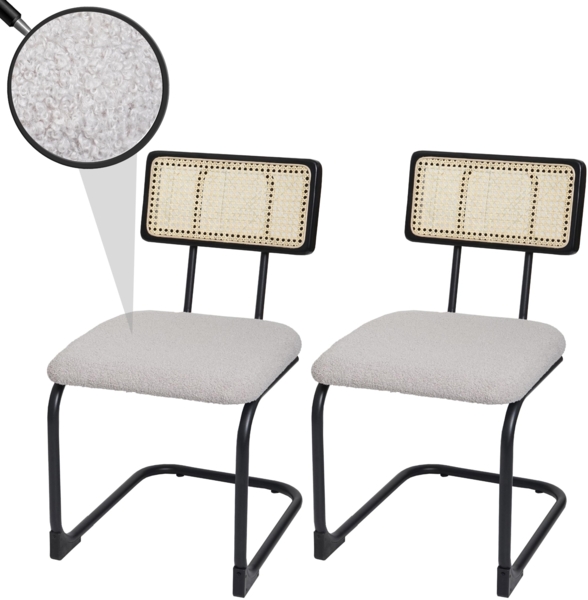 2er-Set Freischwinger-Stuhl HWC-K88, Stuhl Lehnstuhl, Holz Rattan Metall Bouclé ~ Stoff/Textil hellgrau