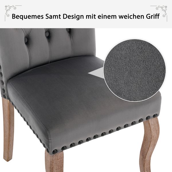 2er Set Esszimmerstuhl Samt gepolstert Massivholz mit Kupfernägeln, modernes Design, komfortabler Sessel,Grau Bild 8