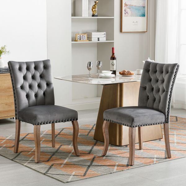 2er Set Esszimmerstuhl Samt gepolstert Massivholz mit Kupfernägeln, modernes Design, komfortabler Sessel,Grau