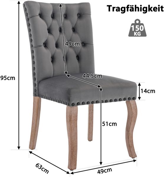 2er Set Esszimmerstuhl Samt gepolstert Massivholz mit Kupfernägeln, modernes Design, komfortabler Sessel,Grau Bild 9