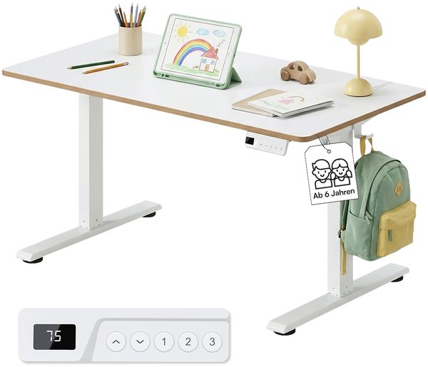 Bellabino 'Toro' Kinderschreibtisch 110x60 cm, elektrisch höhenverstellbar, weiß, Schreibtisch mit kindergesicherter Steuerung, LED-Höhenanzeige und 3 Speicherhöhen, Jugendschreibtisch mit Rucksackhaken, ab 6 Jahren