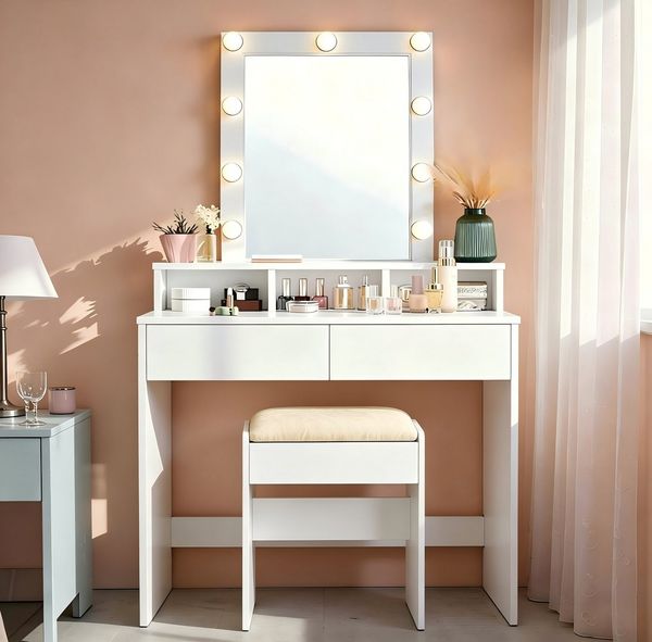 VASAGLE Schminktisch Kosmetiktisch mit LED-Beleuchtung, einstellbare Helligkeit, modern (1 Tisch mit 1 Hocker), mit 2 Schubladen und 3 offenen Fächern, Sitzhocker 360° drehbar