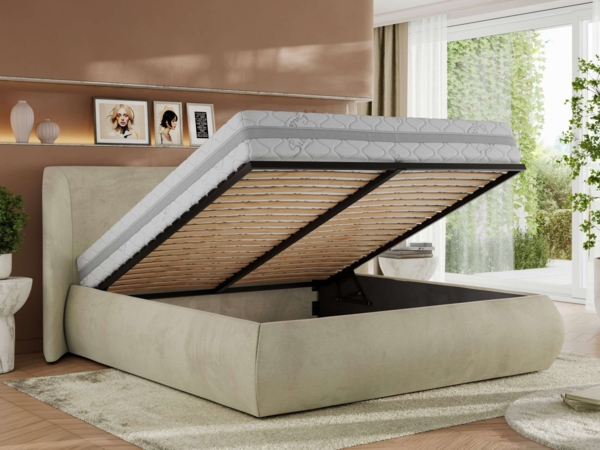 Polsterbett mit Lattenrost, Doppelbett Bettkasten, Bettgestell mit Gasdruckfeder Foam Matratze - CAELA CLASSIC - 200 x 200 cm - Beige Velvet - MIRO LUX Bild 3