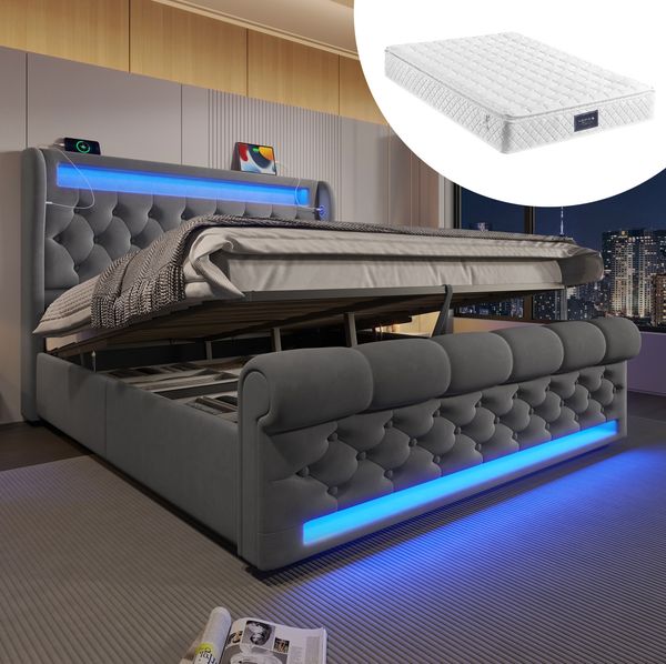 Polsterbett, Samt mit LED, Stauraum & USB-Anschluss, 160x200 cm, Grau, mit Matratze