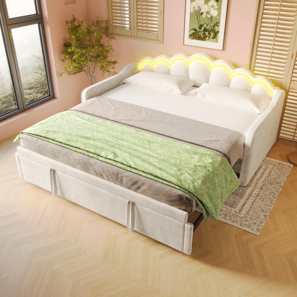 Merax Daybett 90x200cm(180x200cm), Kinderbett, Einzelbett, Tagesbett mit ausziehbarem Bett, Schlafsofa, (Ohne Matratze), Doppelbett, Samt, Farbwechselbarer LED-Streifen, Beige