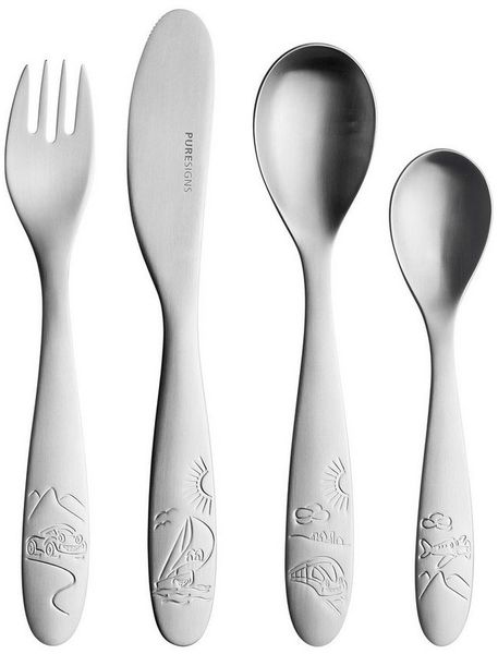 PURESIGNS Kinderbesteck Trip (4-tlg), 1 Personen, Edelstahl 18/10, plastikfreier Essgenuß für die Kleinen mit Besteck aus Edelstahl 18/10