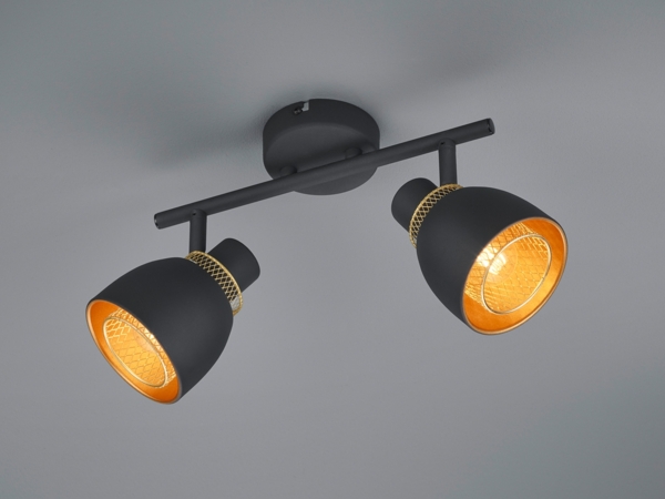 Deckenstrahler PUNCH 2-flammig Schwarz Gold mit Drahtgeflecht, Breite 28cm