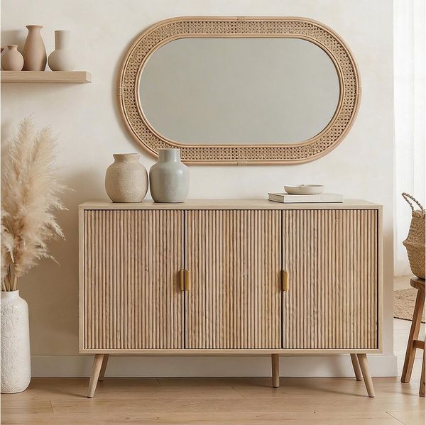 IDIMEX Sideboard ALMA, Kommode 120 cm mit 3 Türen und Lamellenfront aus MDF Eiche Finish