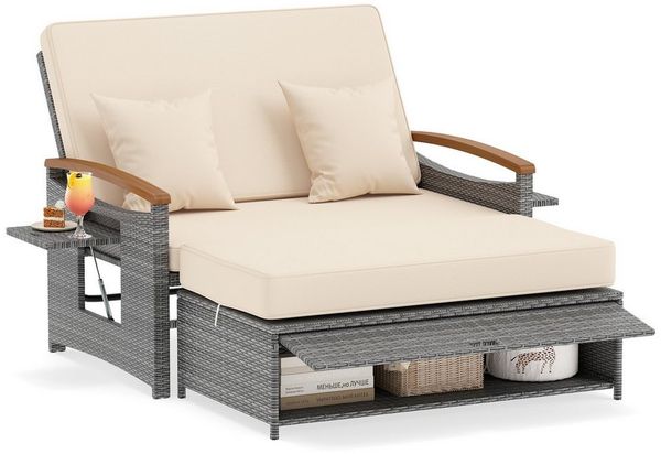 COSTWAY Loungebett, outdoor, Rattan, 2-Personen, Gartenliege mit verstellbarer Rückenlehne