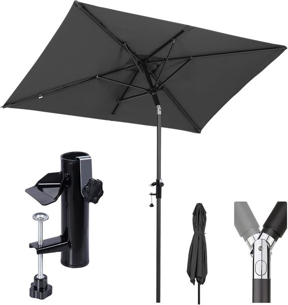 Sekey 200 × 125 cm Sonnenschirm, Rechteckig mit Halterung, Sonnenschirmhalter für Balkon, Kippbar UPF 50+, Grau