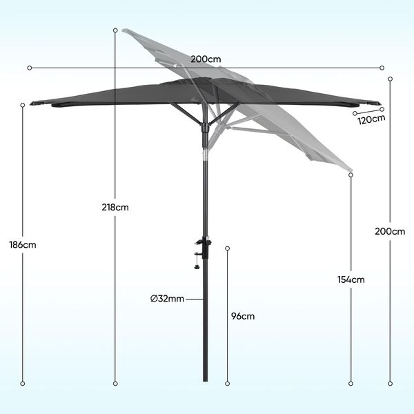 Sekey 200 × 125 cm Sonnenschirm, Rechteckig mit Halterung, Sonnenschirmhalter für Balkon, Kippbar UPF 50+, Grau Bild 3