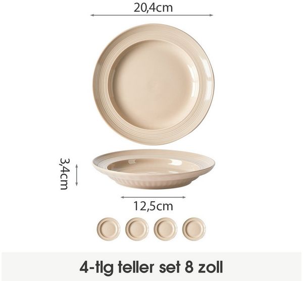 JIWOO Speiseteller 4er Ø20,4cm, Frühstücksteller Pastateller Teller Brotteller Plate, (4 St), Plate Hochwertiges Tellerset Braun Mikrowellenofen Spülmaschine